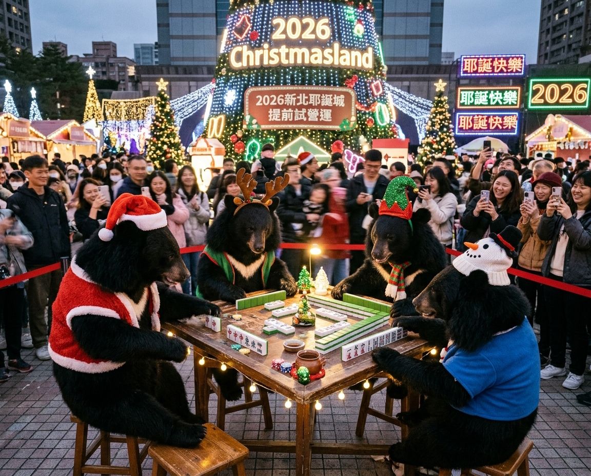 2026新北耶誕城驚見台灣黑熊,聖誕老公公也想加入三缺一,板橋市民廣場驚見台灣黑熊,台灣熊愛打麻將,台灣黑熊打麻將,碰牌胡牌大三元,聖誕節的黑熊大亂鬥,聽牌摸牌洗牌打麻將碰碰胡,台灣黑熊咆哮真人PK,開桌自摸碰碰胡,今晚吃雞不如今晚胡牌